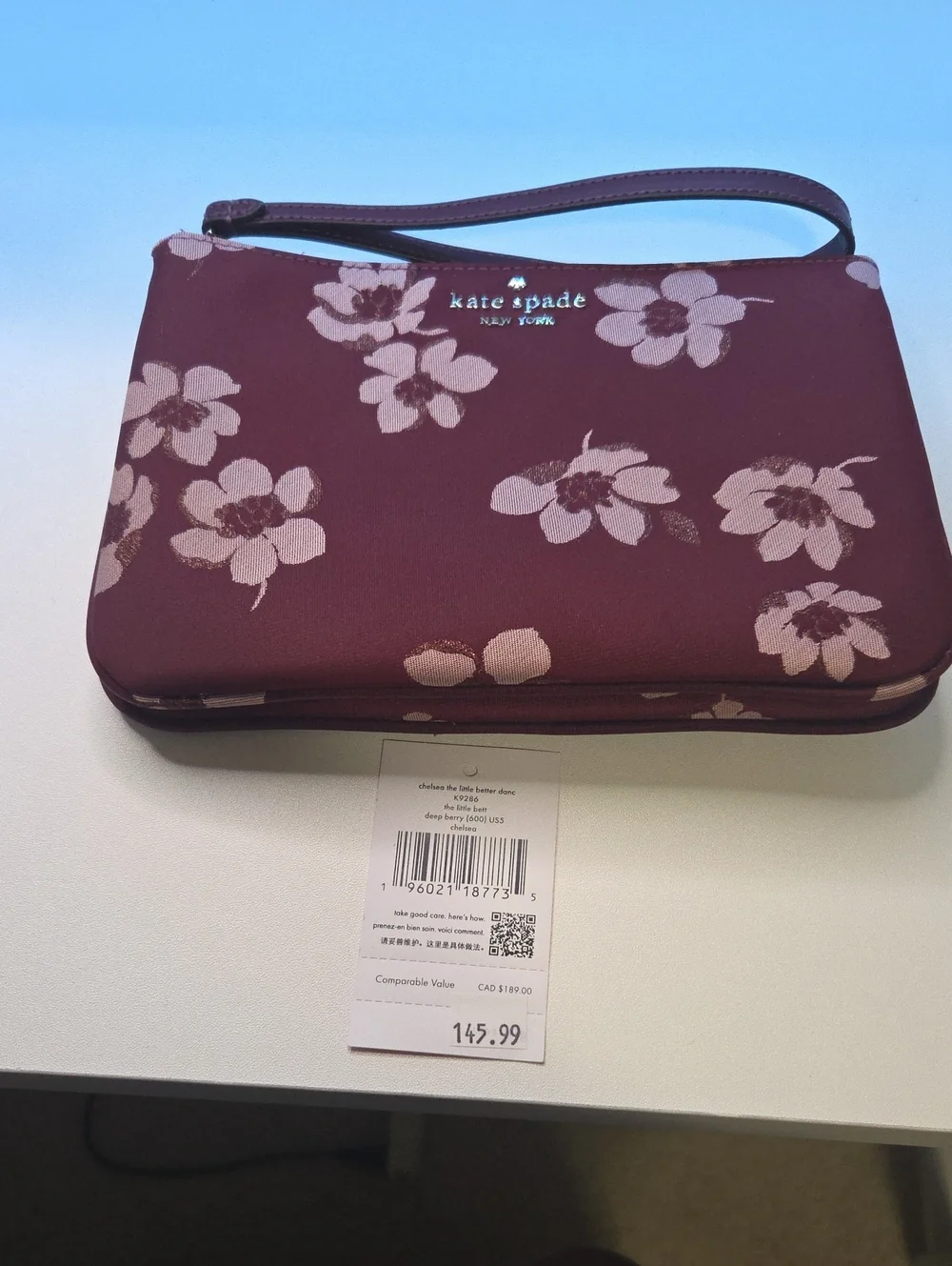 kate spade Burgundy Floral Wristlet with Pink Blossoms
